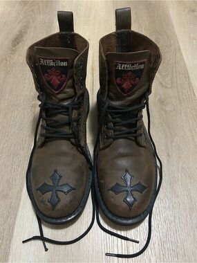 Affliction Brown Leather Lace-Up Boots with Black Cross Detailing and Red Crest